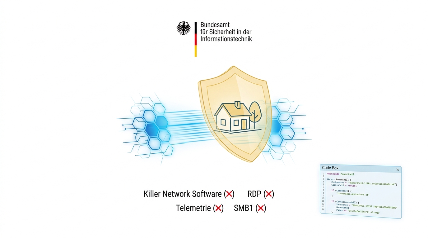 Minimalistische Grafik zum Thema Windows 10 BSI Hardening, Firewall-Schutz und Dienst-Deaktivierung