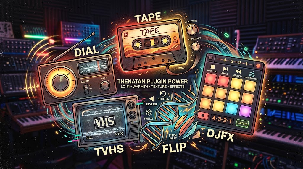 Visualisierung der fünf Thenatan Lo-Fi Plugins TAPE, TVHS, DIAL, FLIP und DJFX in einem modernen Musikstudio mit analoger Patina.