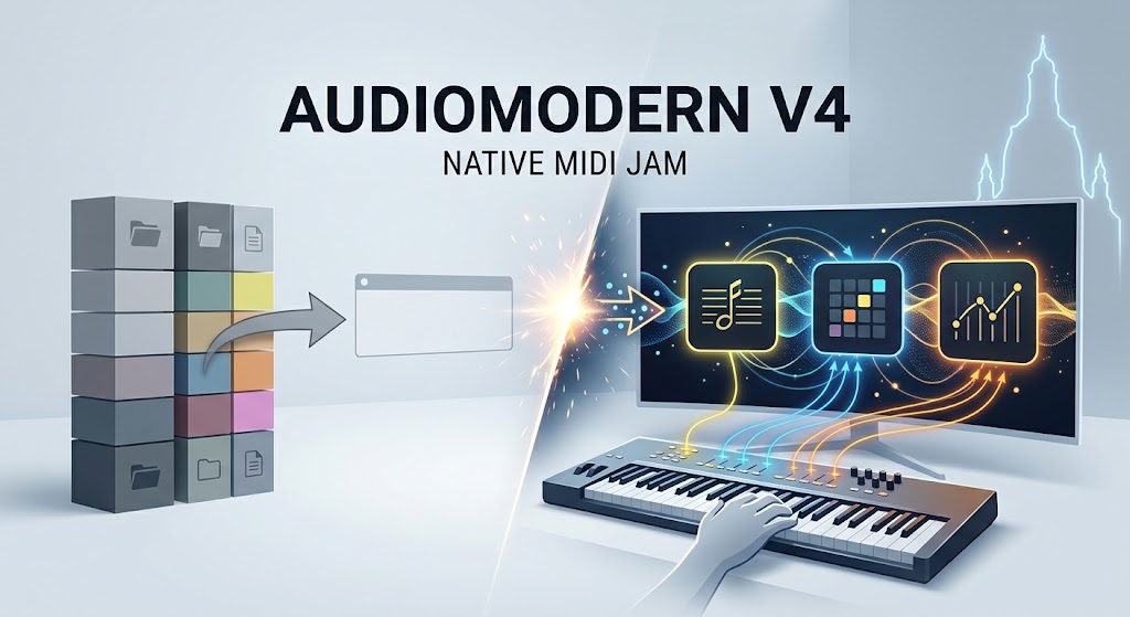 Vergleich von Audiomodern V3 manueller Export vs V4 native MIDI Pattern Switch Steuerung im Studio