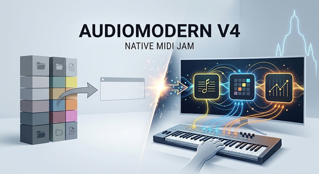 Vergleich von Audiomodern V3 manueller Export vs V4 native MIDI Pattern Switch Steuerung im Studio