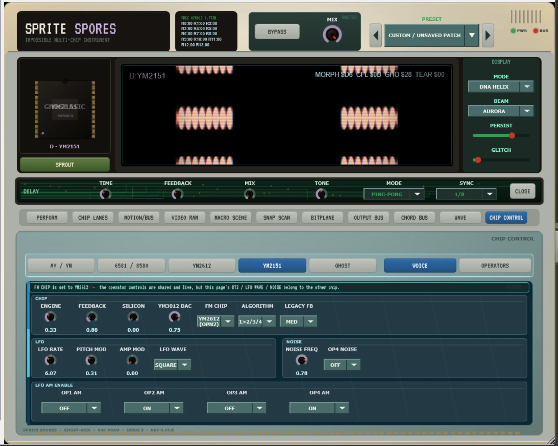 Benutzeroberfläche des Audio-Plugins Sprite Spores von Phantomexposure mit fünf historischen Sound-Engines, Oszilloskop und VRAM Decay.