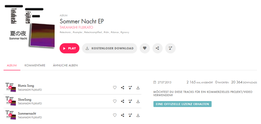 Neues Album “Takahashi Fujikato - SommerNacht EP” auf Jamendo | Ashampoo Snap Donnerstag 25. August 2022 11h58m27s