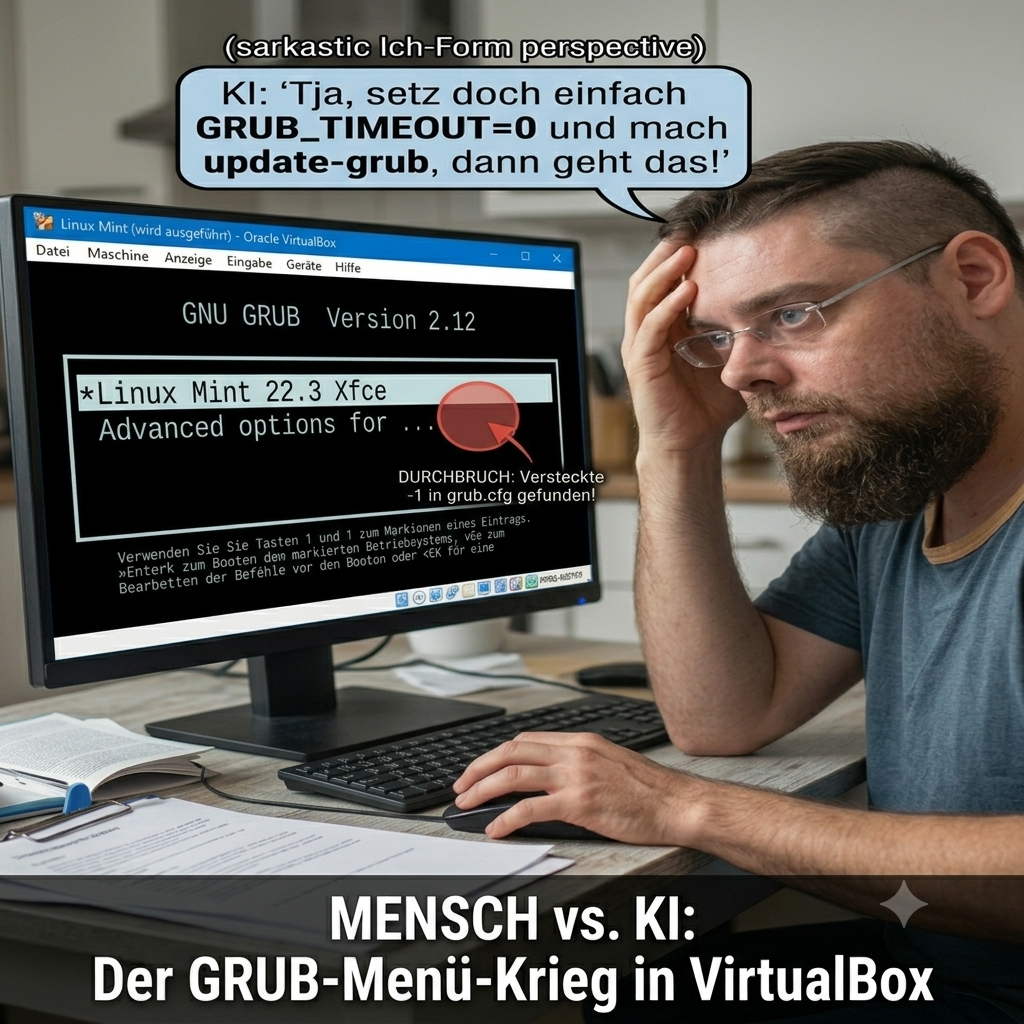 VirtualBox & Linux Mint: Wenn das GRUB-Menü hängt und die KI nur Mist erzählt | Filmproduktion, Imagefilm, Medienproduktion, Musik, Musikproduktion, Retro Gaming, Shizo van de Sunflower, Vertonung 2 VirtualBox & Linux Mint: Wenn das GRUB-Menü hängt und die KI nur Mist erzählt